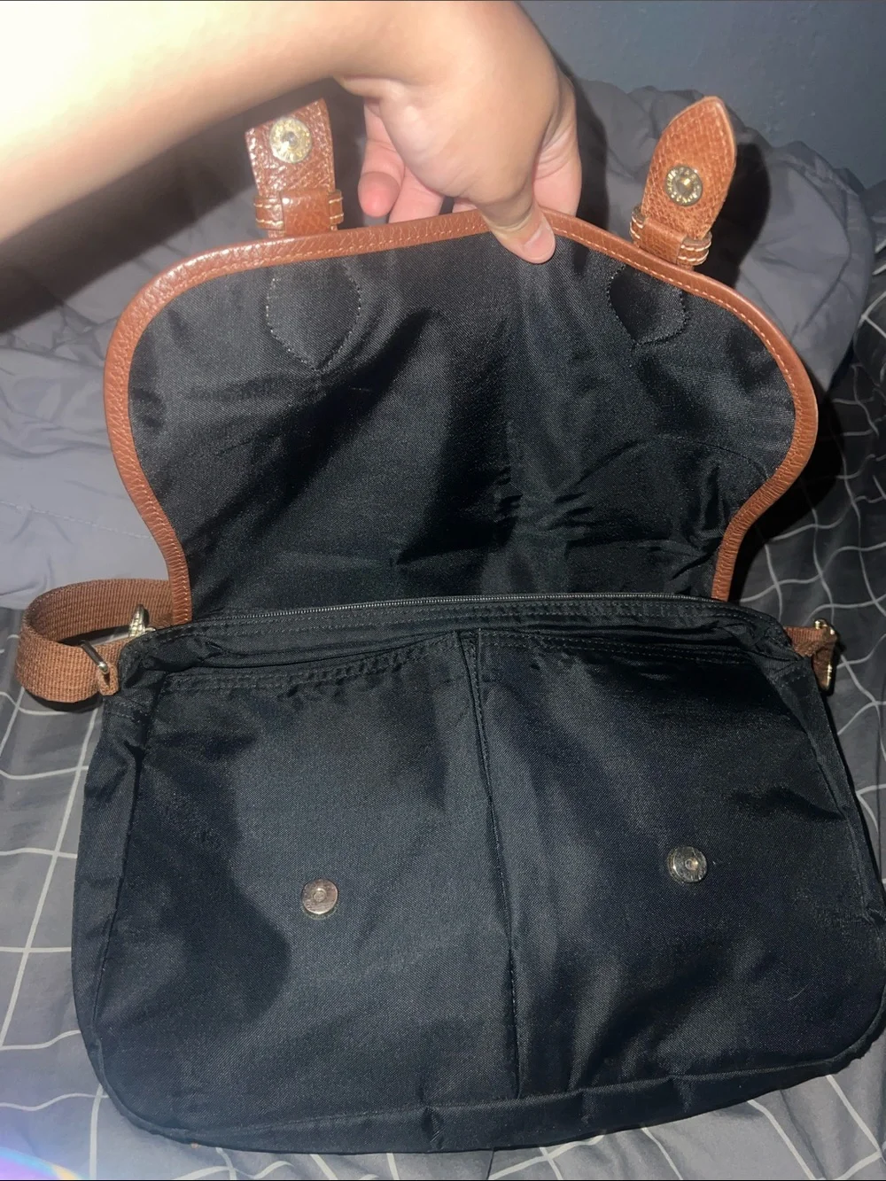 Longchamp Black Messenger Bag with Tan Trim